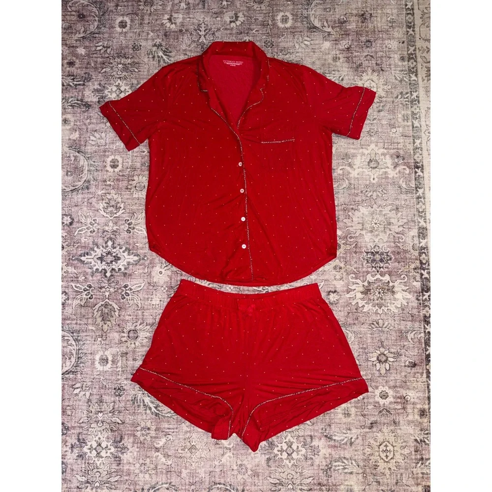 Victoria's Secret Red Polka‎ Dot Leopard Trim Modal Pajama Set Shorts Top Medium